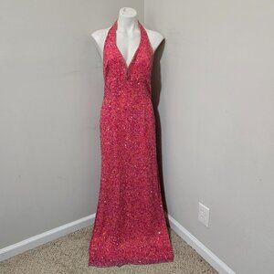 XL (fits 10ish) 90s/Y2K Vintage Scala Pink/Coral Sequined & Beaded Halter Gown